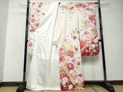 平和屋着物●豪華振袖　花蝶文　暈し染め　金銀彩　銀通し地　正絹　逸品　DABI2586ud