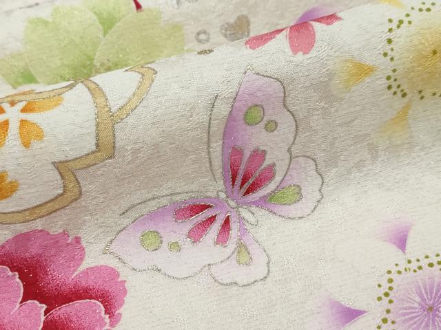 平和屋着物●豪華振袖　花蝶文　暈し染め　金銀彩　銀通し地　正絹　逸品　DABI2586ud