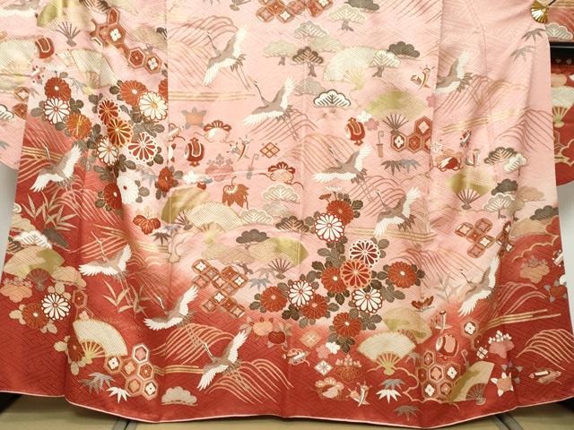 平和屋着物●豪華振袖　駒刺繍　扇面飛鶴花文　暈し染め　金彩　やまと誂製　正絹　逸品　DABI2593ud