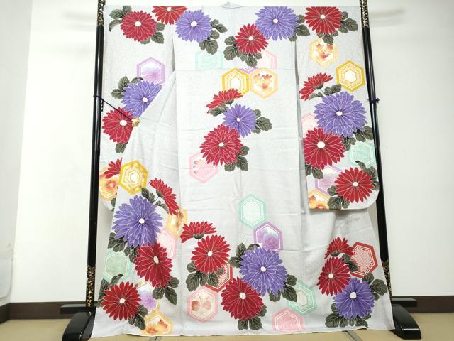 平和屋着物●豪華振袖　作家物　亀甲花文　金彩　銀通し地　正絹　逸品　DABI2599ud