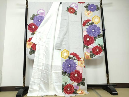 平和屋着物●豪華振袖　作家物　亀甲花文　金彩　銀通し地　正絹　逸品　DABI2599ud
