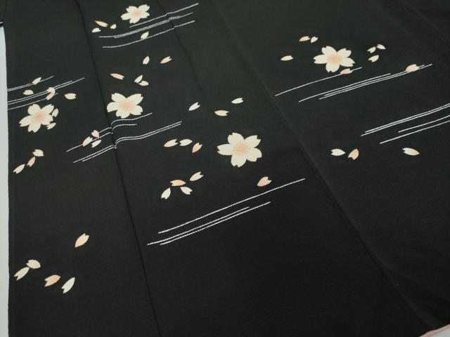 平和屋着物●訪問着　舞桜文　黒地　金銀彩　鬼しぼ縮緬　正絹　逸品　DABI2614ud