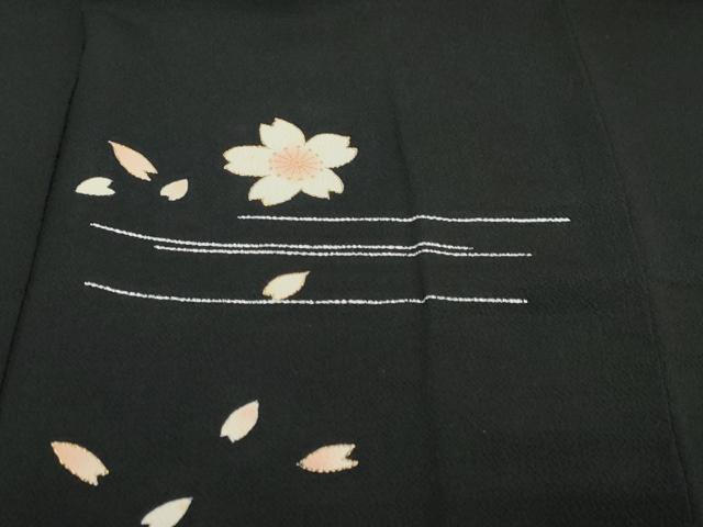 平和屋着物●訪問着　舞桜文　黒地　金銀彩　鬼しぼ縮緬　正絹　逸品　DABI2614ud