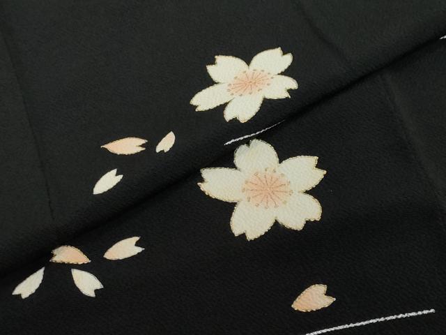 平和屋着物●訪問着　舞桜文　黒地　金銀彩　鬼しぼ縮緬　正絹　逸品　DABI2614ud