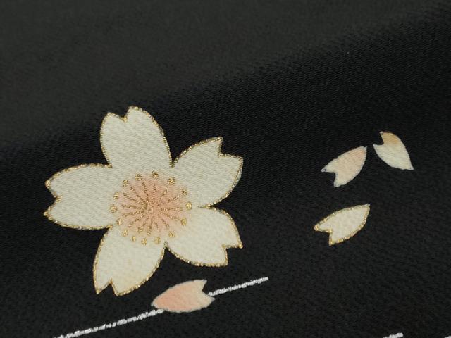 平和屋着物●訪問着　舞桜文　黒地　金銀彩　鬼しぼ縮緬　正絹　逸品　DABI2614ud