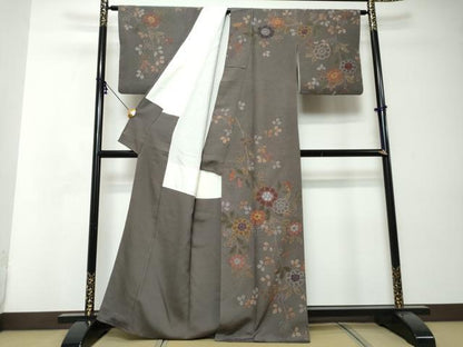 平和屋着物●訪問着　紬地　枝花文　正絹　逸品　DABI2617ud