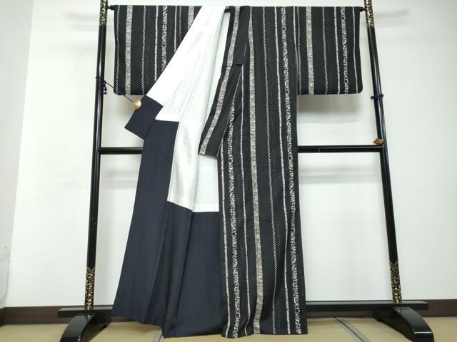 平和屋着物●上質な小紋　草花間道　黒地　正絹　逸品　DABI2632ud