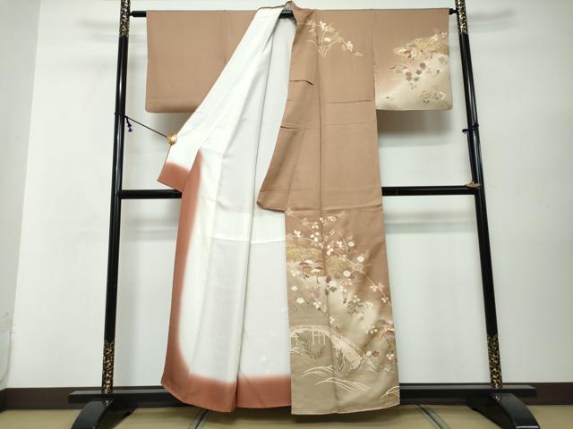 平和屋着物●訪問着　駒刺繍　渡橋草花文　暈し染め　金彩　正絹　逸品　DABI2637ud