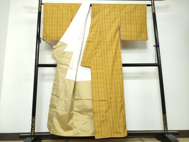 平和屋着物●黄八丈　変わり格子文　正絹　逸品　DABI2642ud