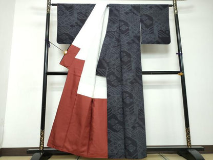 平和屋着物●結城紬　80亀甲　幾何学文様　正絹　逸品　DABI2647ud