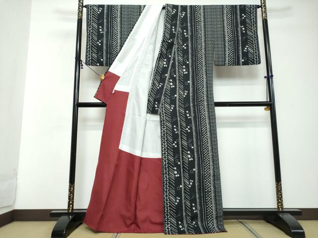 平和屋着物●小紋　吉祥間道　黒地　洗える着物　DABI2659ud