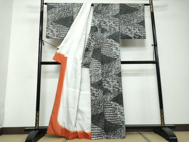 平和屋着物●小紋　切嵌草葉文　黒地　洗える着物　DABI2661ud