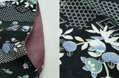 平和屋着物●小紋　横段草花文　黒地　洗える着物　DABI2663ud