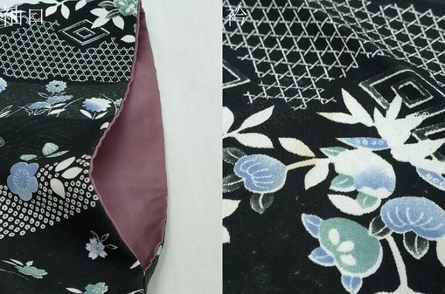 平和屋着物●小紋　横段草花文　黒地　洗える着物　DABI2663ud