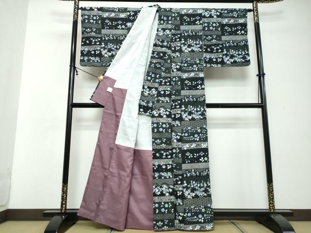 平和屋着物●小紋　横段草花文　黒地　洗える着物　DABI2663ud