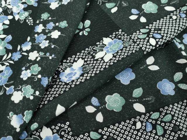 平和屋着物●小紋　横段草花文　黒地　洗える着物　DABI2663ud