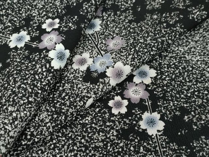 平和屋着物●小紋　枝桜文　たたき染め　黒地　洗える着物　DABI2664ud