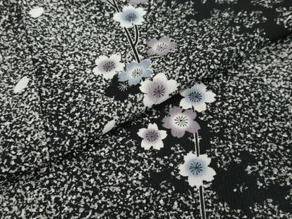 平和屋着物●小紋　枝桜文　たたき染め　黒地　洗える着物　DABI2664ud