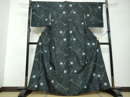 平和屋着物●小紋　辻が花　黒地　洗える着物　DABI2665ud