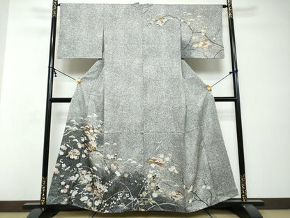 平和屋着物●訪問着　草花文　たたき染め　黒地　金彩　正絹　逸品　DABI2690ud