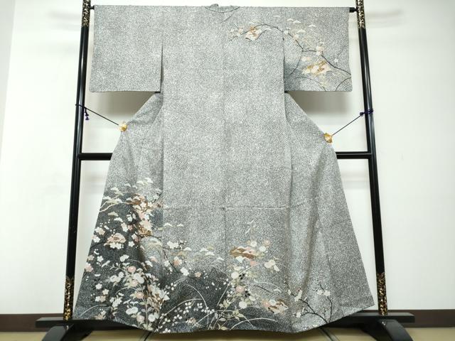 平和屋着物●訪問着　草花文　たたき染め　黒地　金彩　正絹　逸品　DABI2690ud
