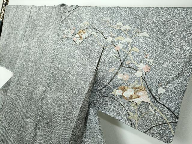 平和屋着物●訪問着　草花文　たたき染め　黒地　金彩　正絹　逸品　DABI2690ud
