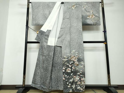 平和屋着物●訪問着　草花文　たたき染め　黒地　金彩　正絹　逸品　DABI2690ud