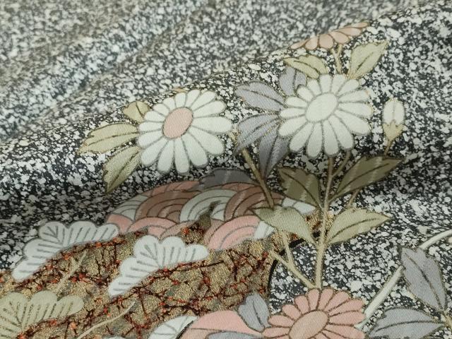 平和屋着物●訪問着　草花文　たたき染め　黒地　金彩　正絹　逸品　DABI2690ud