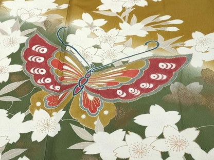 平和屋着物●豪華振袖　花蝶文　暈し染め　金彩　正絹　逸品　DABI2691ud