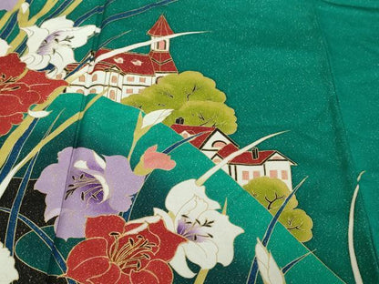 平和屋着物●豪華振袖　作家物　風景草花文　シルエット　暈し染め　金彩　金通し地　正絹　逸品　DABI2697ud