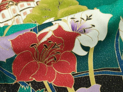 平和屋着物●豪華振袖　作家物　風景草花文　シルエット　暈し染め　金彩　金通し地　正絹　逸品　DABI2697ud