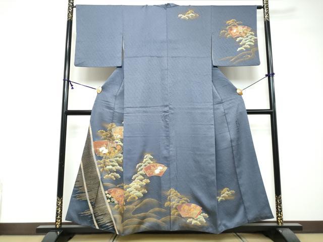 平和屋着物●訪問着　作家物　駒刺繍　地紙重ね御所車草花文　金彩　正絹　逸品　DABI2703ud