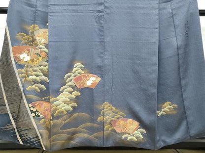 平和屋着物●訪問着　作家物　駒刺繍　地紙重ね御所車草花文　金彩　正絹　逸品　DABI2703ud
