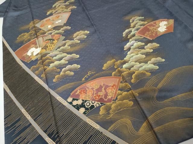 平和屋着物●訪問着　作家物　駒刺繍　地紙重ね御所車草花文　金彩　正絹　逸品　DABI2703ud