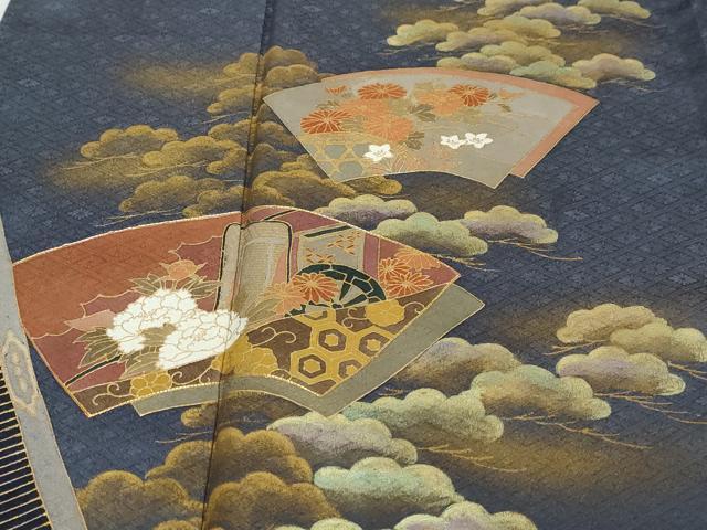 平和屋着物●訪問着　作家物　駒刺繍　地紙重ね御所車草花文　金彩　正絹　逸品　DABI2703ud