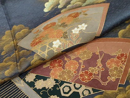 平和屋着物●訪問着　作家物　駒刺繍　地紙重ね御所車草花文　金彩　正絹　逸品　DABI2703ud