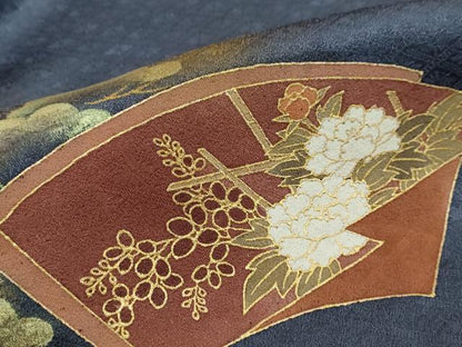 平和屋着物●訪問着　作家物　駒刺繍　地紙重ね御所車草花文　金彩　正絹　逸品　DABI2703ud