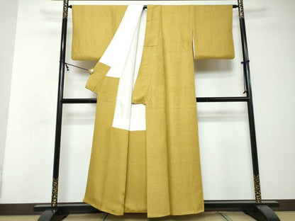 平和屋着物●上質な色無地　干割れ地紋　芥子色　正絹　逸品　DABI2712ud