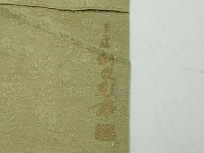 平和屋着物●上質な色無地　作家物　草花地紋　青朽葉色　正絹　逸品　DABI2730ud