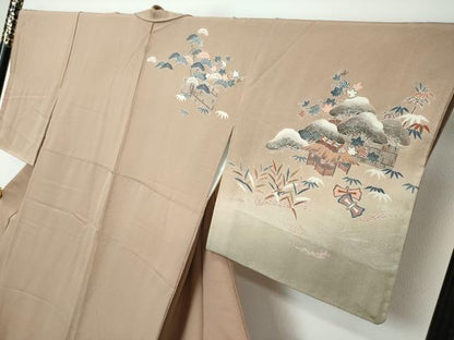 平和屋着物●訪問着　駒刺繍　流水風景草花文　暈し染め　金彩　正絹　逸品　DABI2744ud