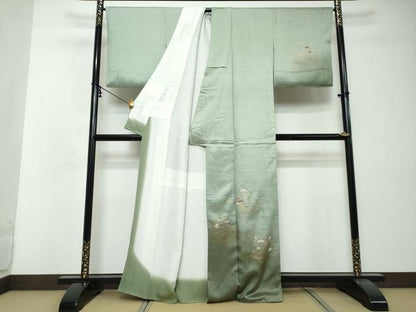 平和屋着物●訪問着　敷松葉草花文　暈し染め　金彩　正絹　逸品　DABI2749ud