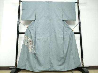 平和屋着物●色留訪問着　紬地　刺繍　草花文　正絹　逸品　DABI2767ud