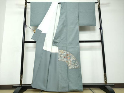 平和屋着物●色留訪問着　紬地　刺繍　草花文　正絹　逸品　DABI2767ud