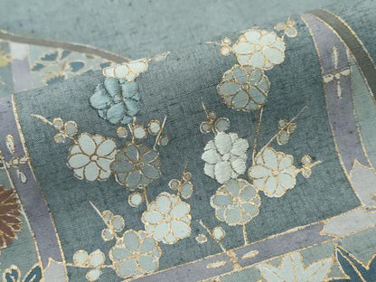 平和屋着物●色留訪問着　紬地　刺繍　草花文　正絹　逸品　DABI2767ud