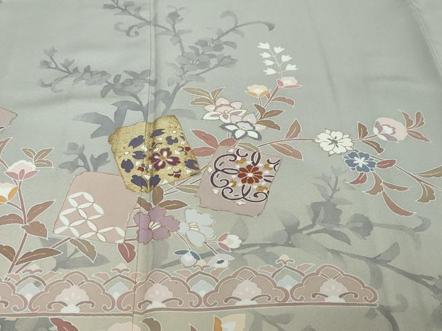 平和屋着物●訪問着　破れ色紙草花文　暈し染め　金彩　正絹　逸品　DABI2768ud