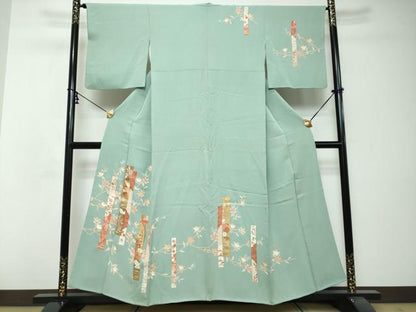 平和屋着物●訪問着　駒刺繍　短冊草花文　金彩　正絹　逸品　DABI2773ud