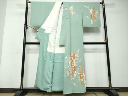 平和屋着物●訪問着　駒刺繍　短冊草花文　金彩　正絹　逸品　DABI2773ud
