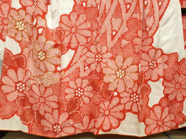 平和屋着物●豪華振袖　総絞り　駒刺繍　孔雀花文　金彩　正絹　逸品　DABI2797ud