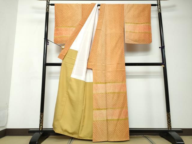 平和屋着物●訪問着　紬地　蜘蛛絞り　杢目絞り　横段文　正絹　逸品　未使用　DABI2799ud