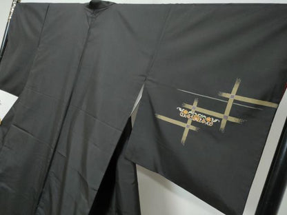 平和屋着物●本場縞大島紬　訪問着　総刺繍　9マルキ　横段草花文　金糸　正絹　逸品　DABI2850ud